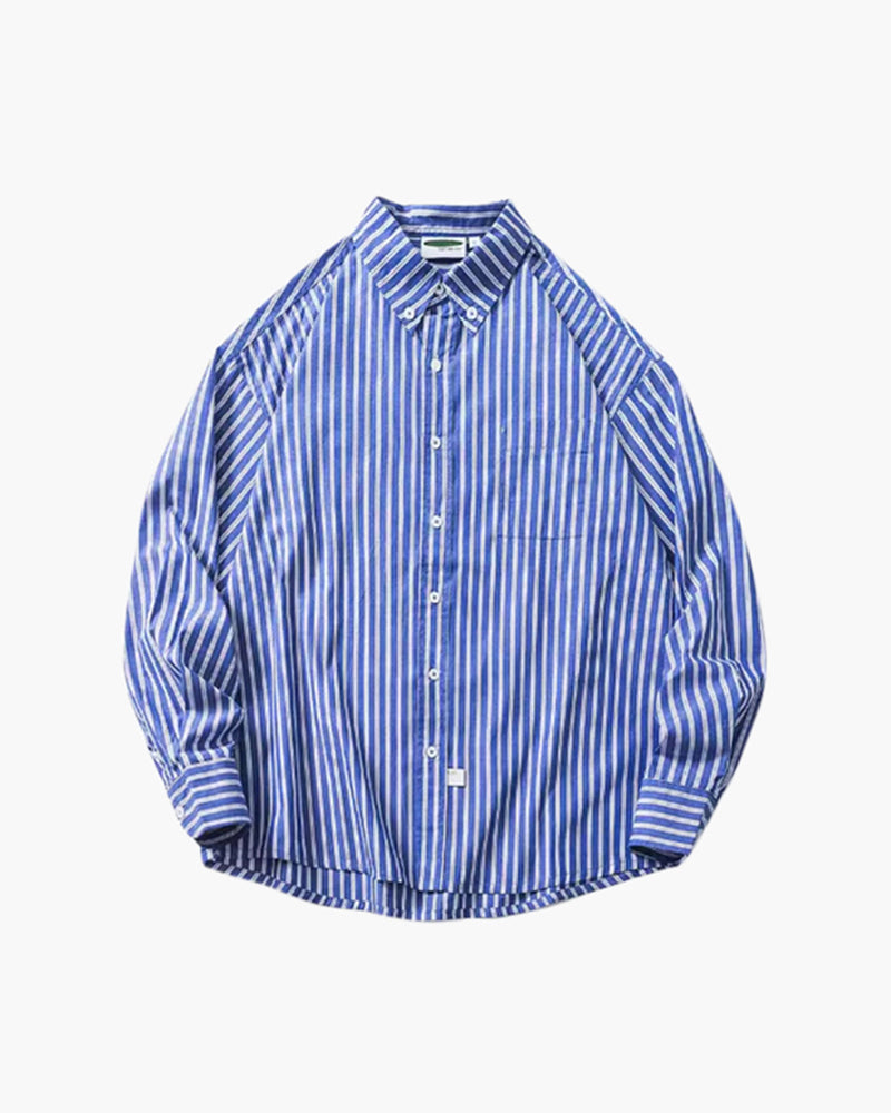 Oversized Striped Cotton Shirt with Long Sleeves - Blue