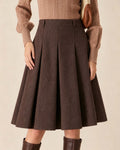 Pleated A-Line Midi Skirt with High Waist and Side Zip - Coffee
