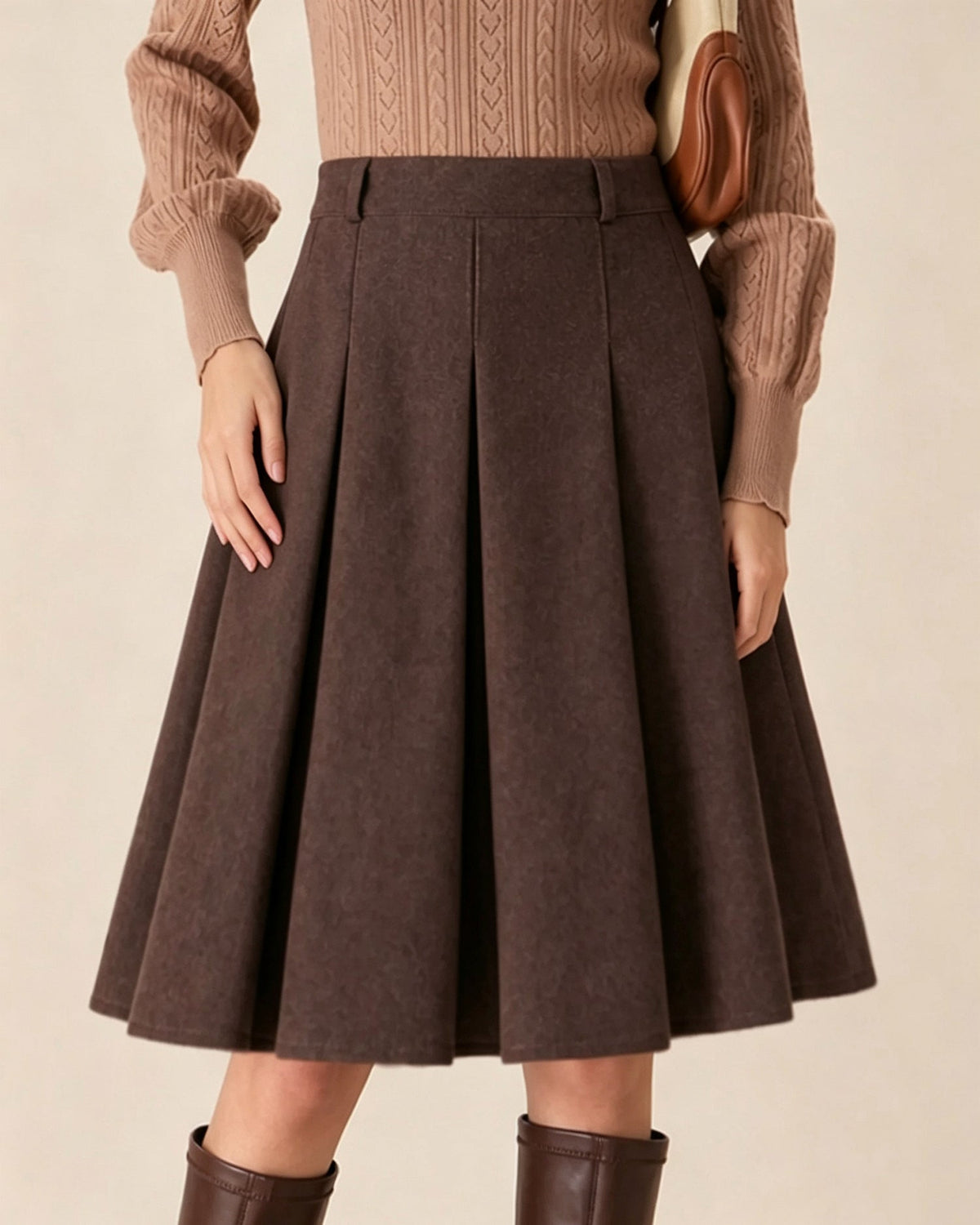 Pleated A-Line Midi Skirt with High Waist and Side Zip - Coffee
