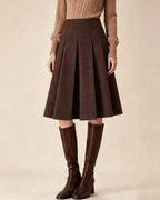 Pleated A-Line Midi Skirt with High Waist and Side Zip - Coffee