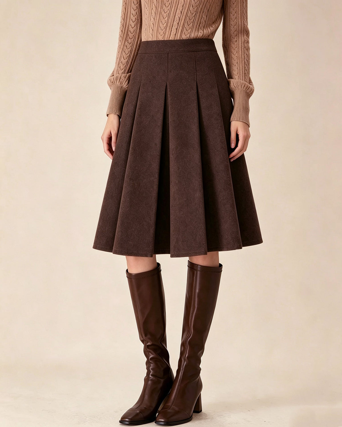 Pleated A-Line Midi Skirt with High Waist and Side Zip - Coffee
