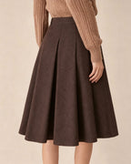 Pleated A-Line Midi Skirt with High Waist and Side Zip - Coffee