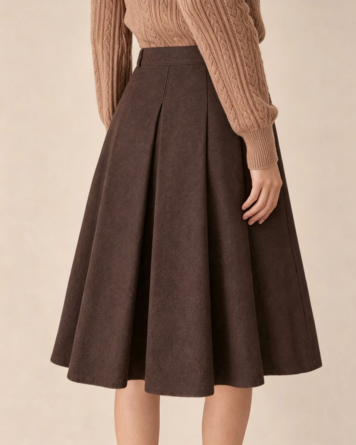 Pleated A-Line Midi Skirt with High Waist and Side Zip - Coffee