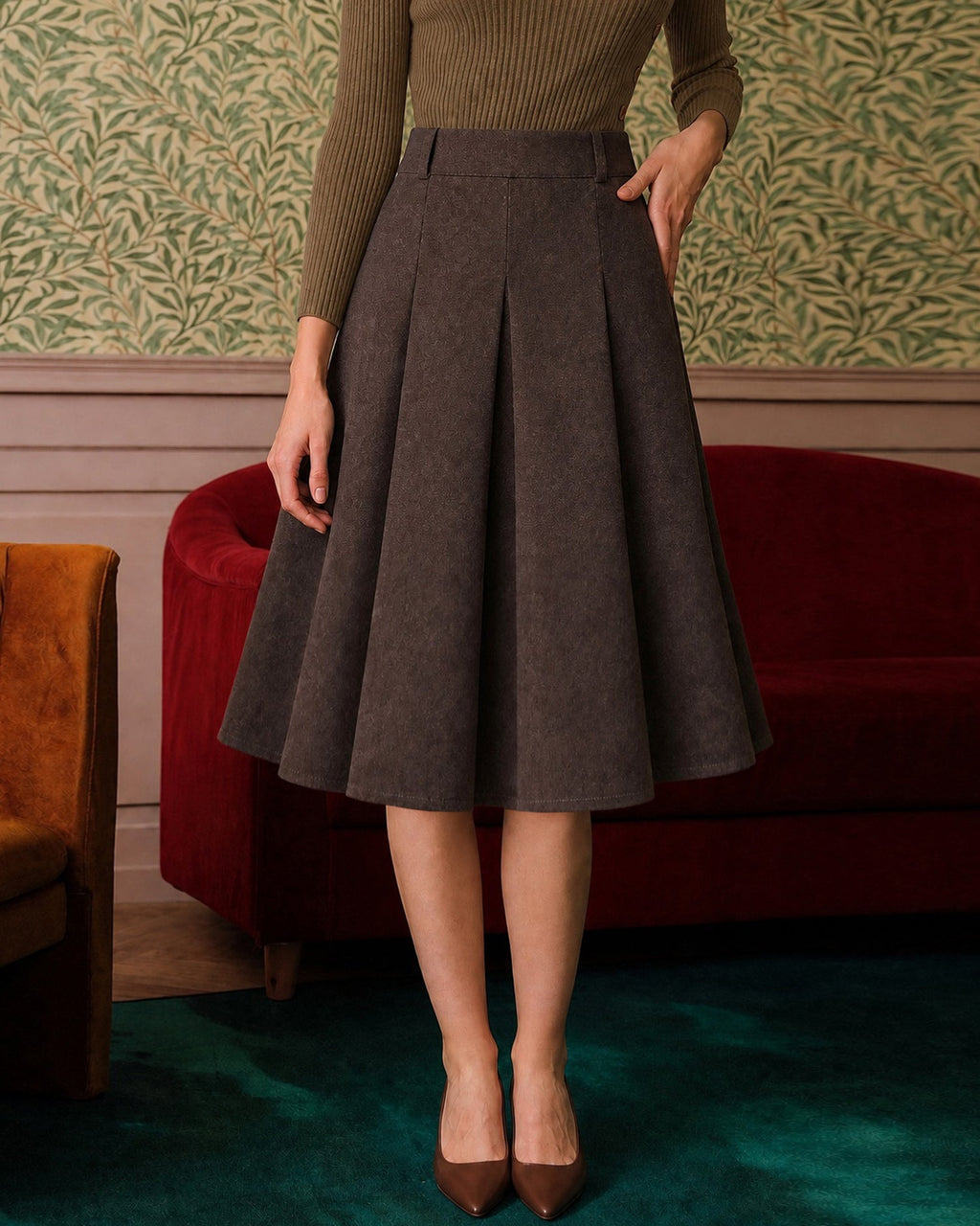 Pleated A-Line Midi Skirt with High Waist and Side Zip - Coffee