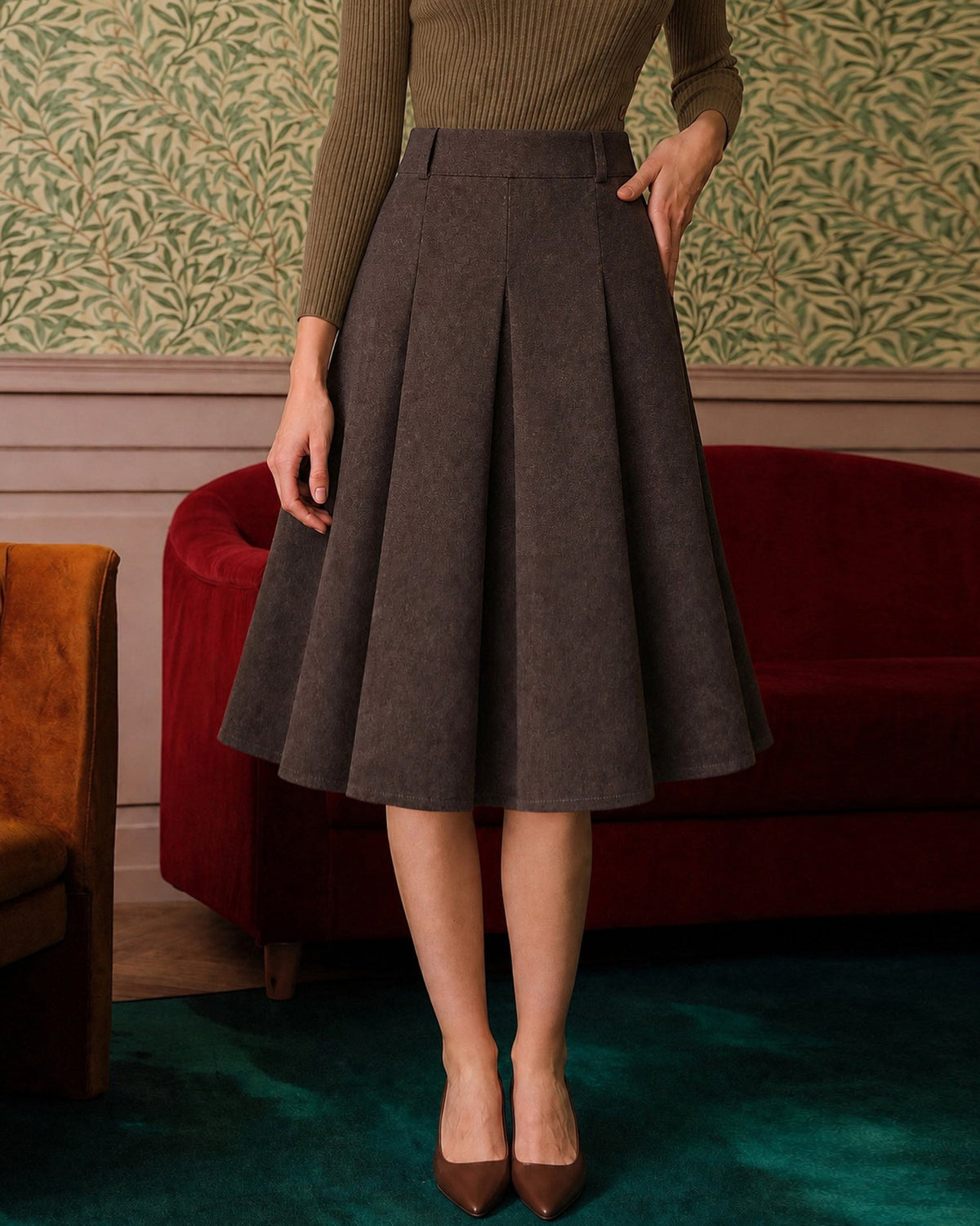 Pleated A-Line Midi Skirt with High Waist and Side Zip - Coffee