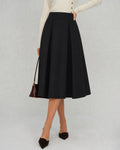 Pleated A-Line Midi Skirt with Plain Waistband and Zip - Black