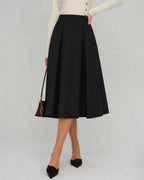 Pleated A-Line Midi Skirt with Plain Waistband and Zip - Black