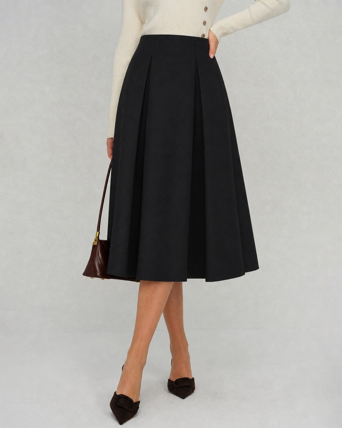 Pleated A-Line Midi Skirt with Plain Waistband and Zip - Black
