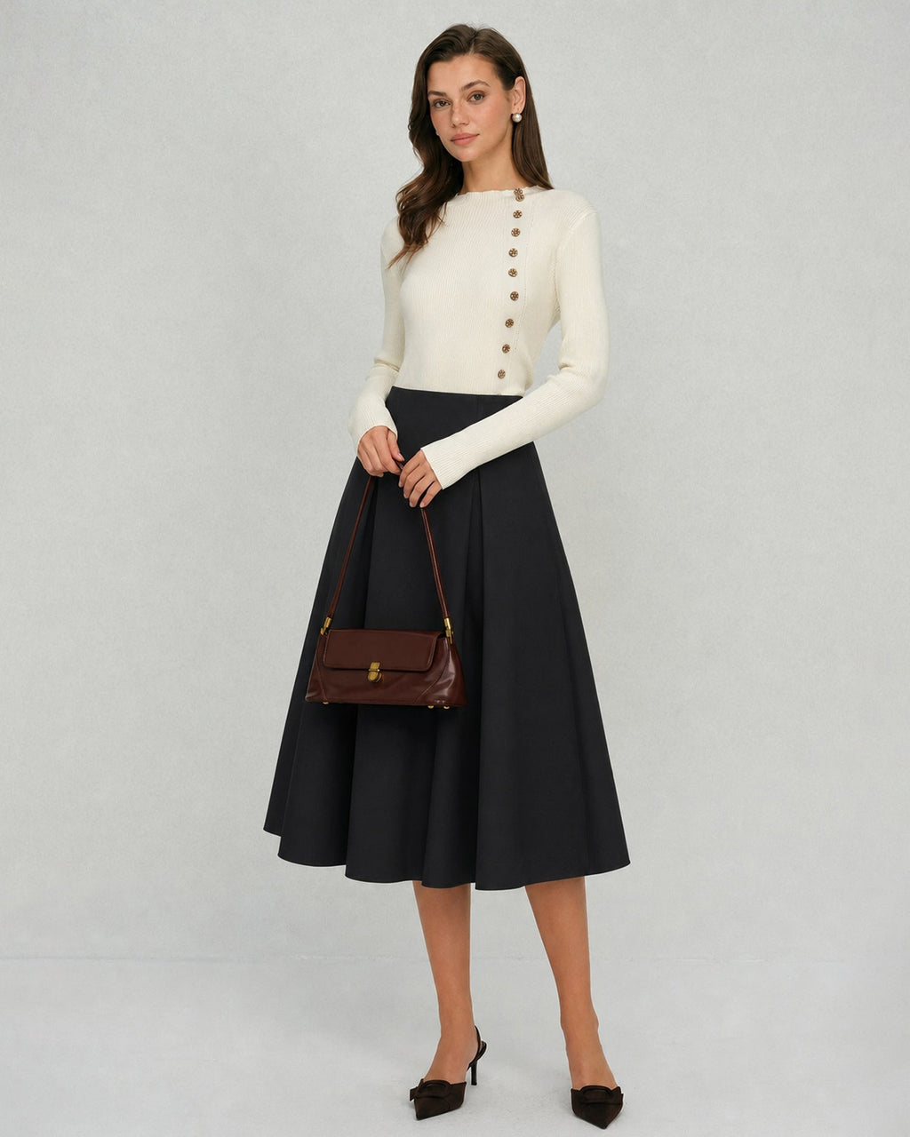Pleated A-Line Midi Skirt with Plain Waistband and Zip - Black