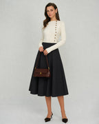 Pleated A-Line Midi Skirt with Plain Waistband and Zip - Black