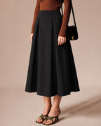 Pleated A-Line Midi Skirt with Plain Waistband and Zip - Black