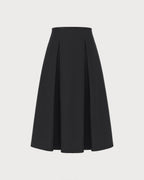 Pleated A-Line Midi Skirt with Plain Waistband and Zip - Black