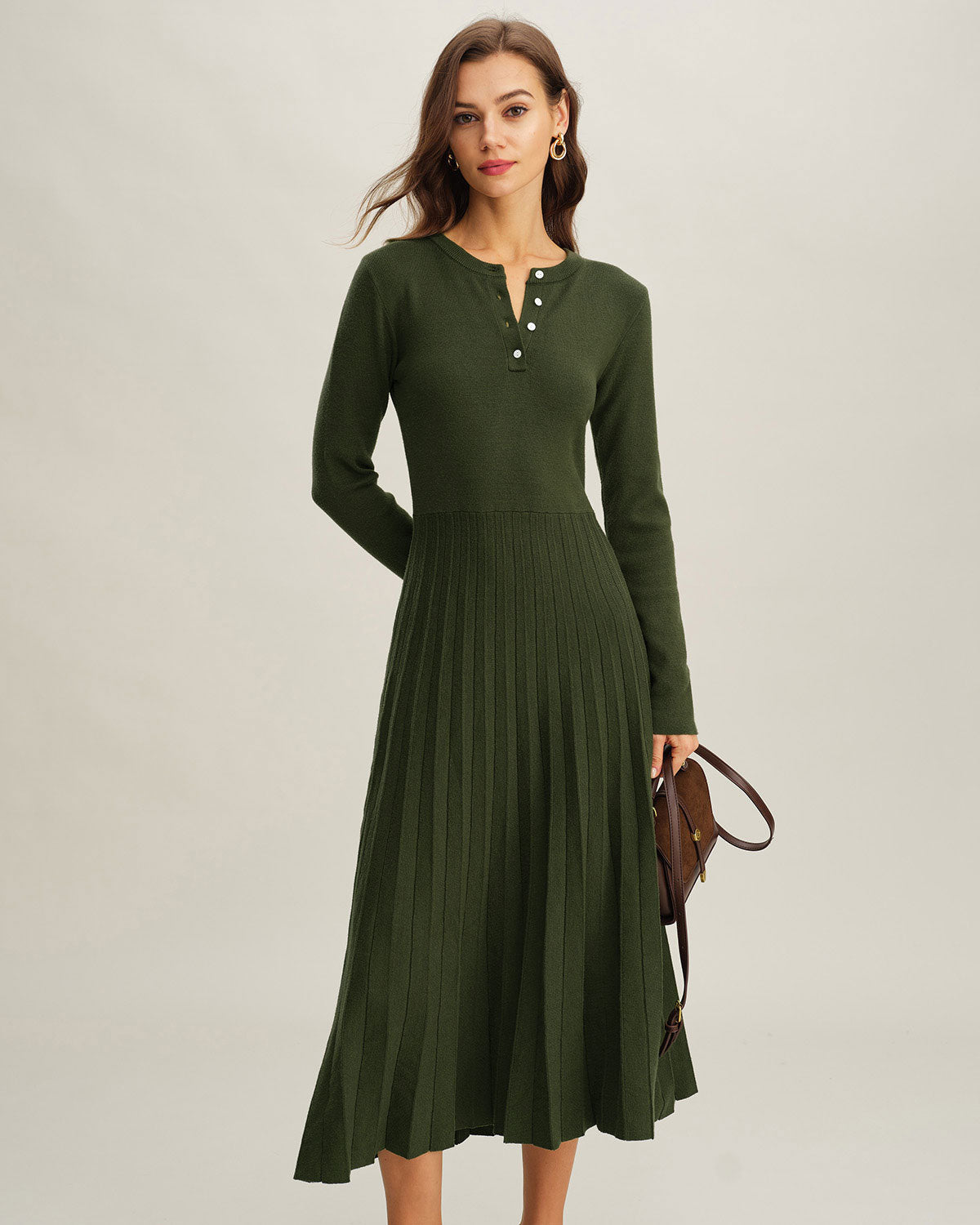 Pleated Knit Midi Dress with Round Neck and Button Placket - Green