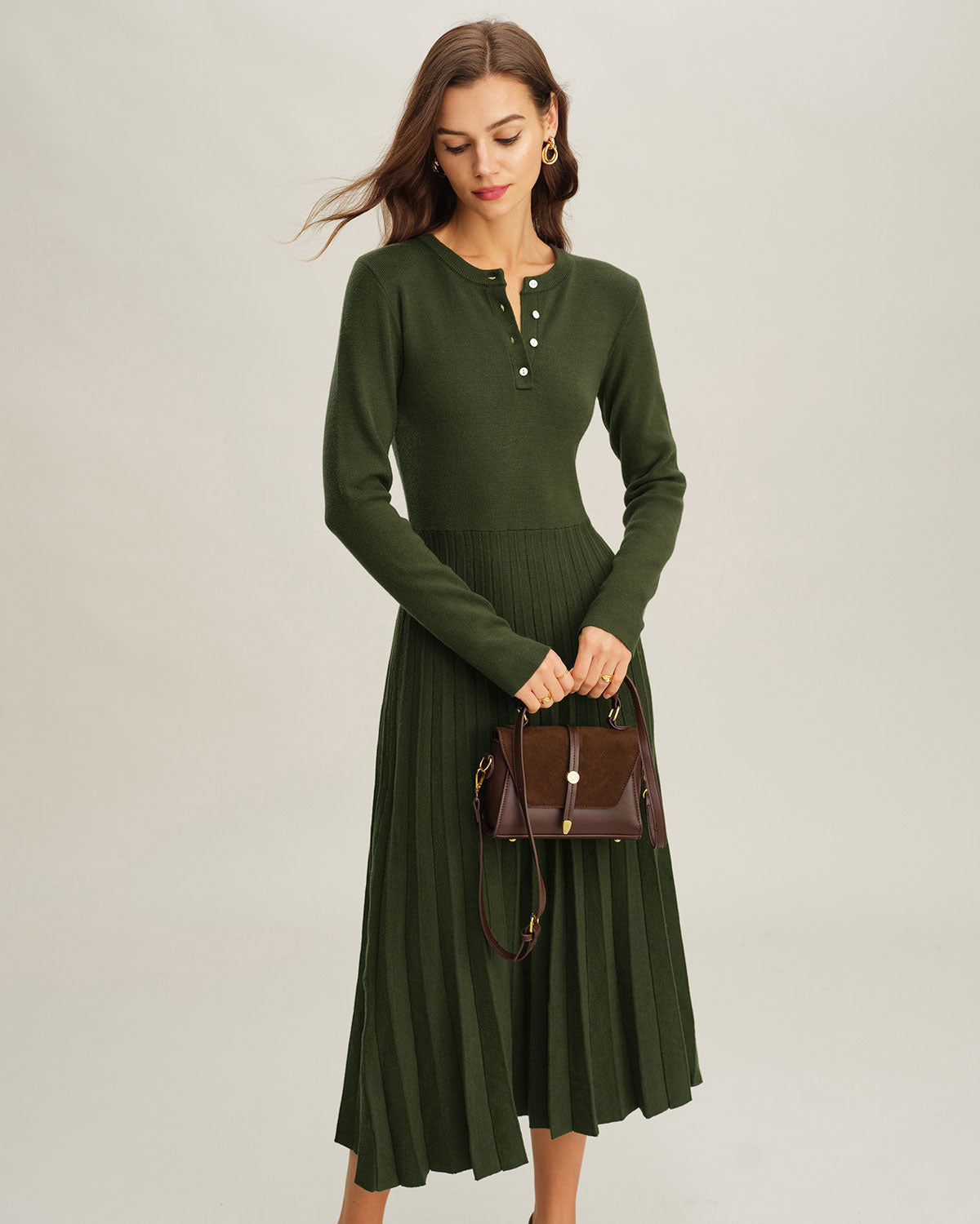Pleated Knit Midi Dress with Round Neck and Button Placket - Green