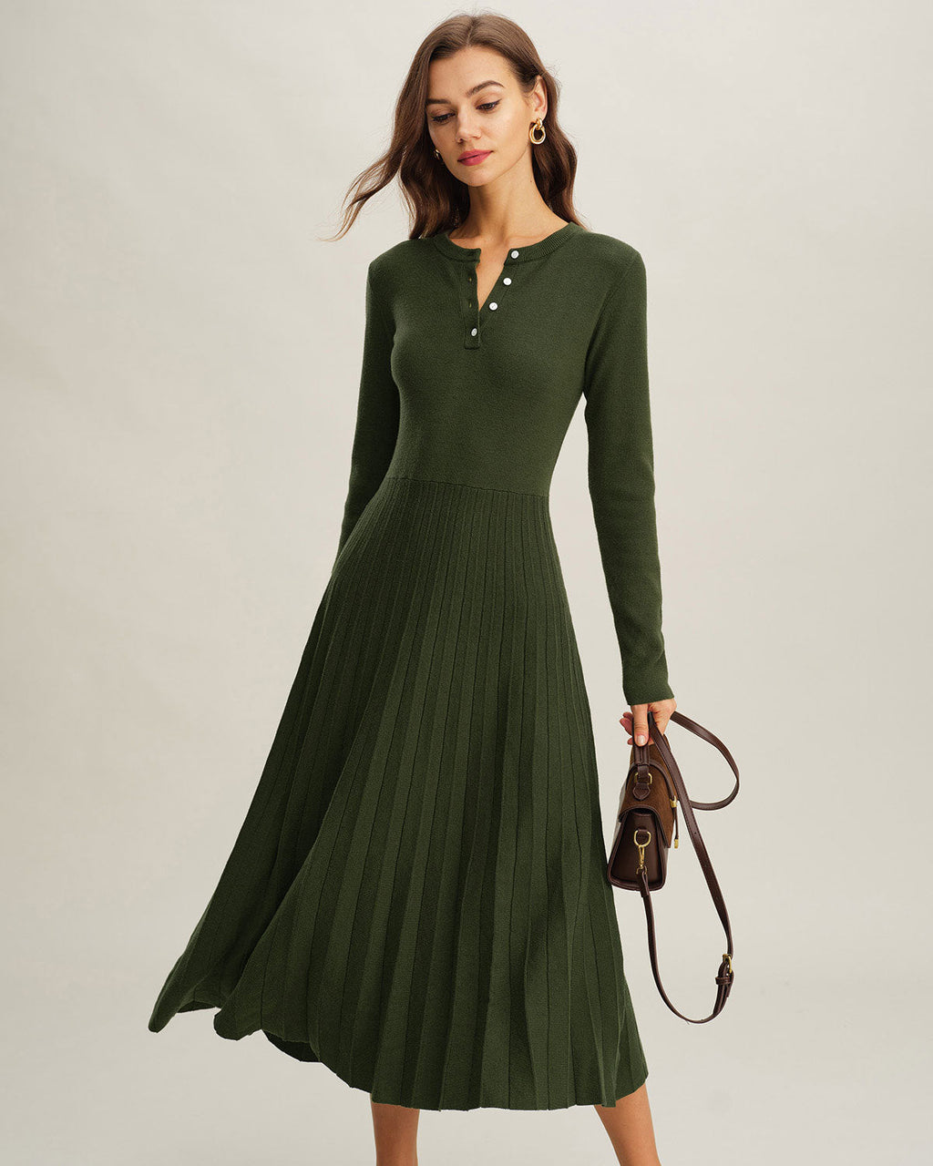 Pleated Knit Midi Dress with Round Neck and Button Placket - Green