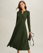 Pleated Knit Midi Dress with Round Neck and Button Placket - Green