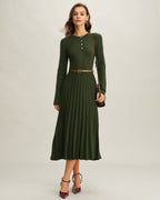 Pleated Knit Midi Dress with Round Neck and Button Placket - Green