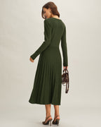Pleated Knit Midi Dress with Round Neck and Button Placket - Green