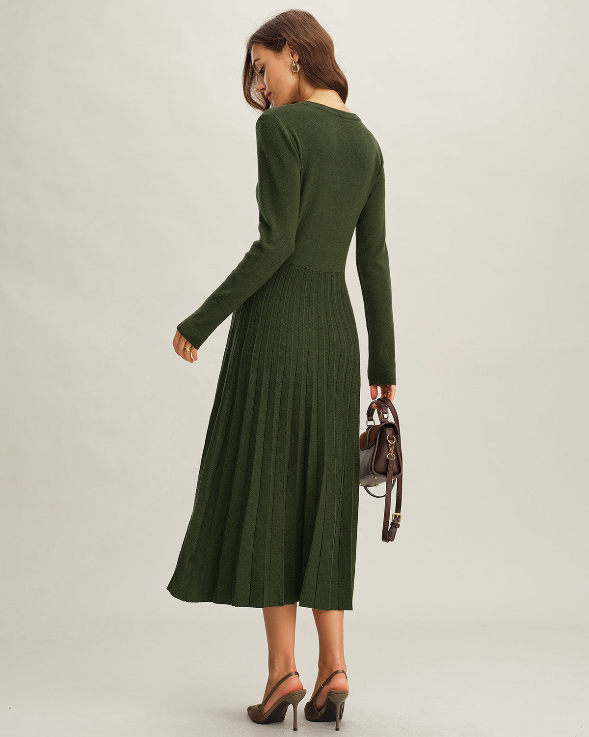 Pleated Knit Midi Dress with Round Neck and Button Placket - Green