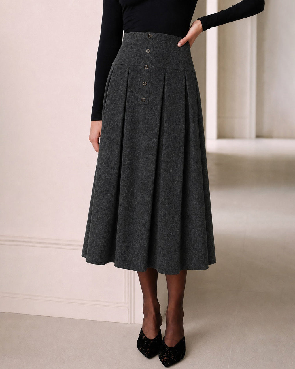 Pleated Midi Skirt with Wide Waistband and Concealed Zip - Grey