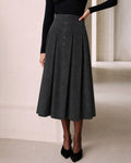 Pleated Midi Skirt with Wide Waistband and Concealed Zip - Grey