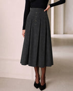 Pleated Midi Skirt with Wide Waistband and Concealed Zip - Grey