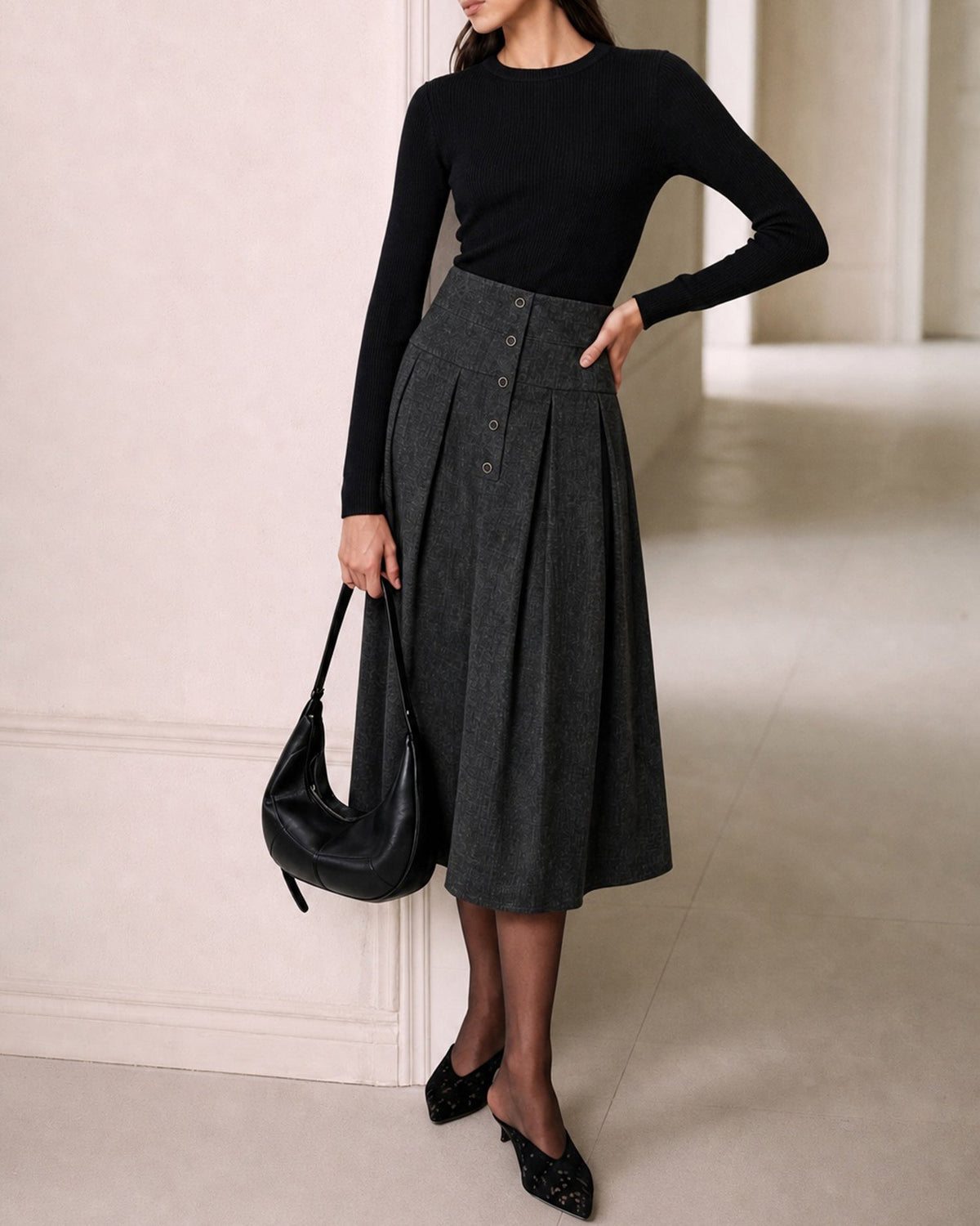 Pleated Midi Skirt with Wide Waistband and Concealed Zip - Grey