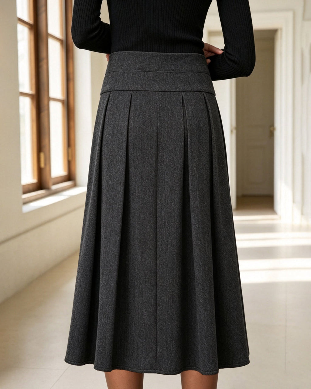 Pleated Midi Skirt with Wide Waistband and Concealed Zip - Grey
