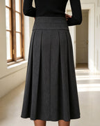 Pleated Midi Skirt with Wide Waistband and Concealed Zip - Grey