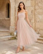 Pleated Tulle Midi Dress with Ruched Bodice and Tie Back - Apricot