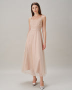 Pleated Tulle Midi Dress with Ruched Bodice and Tie Back - Apricot