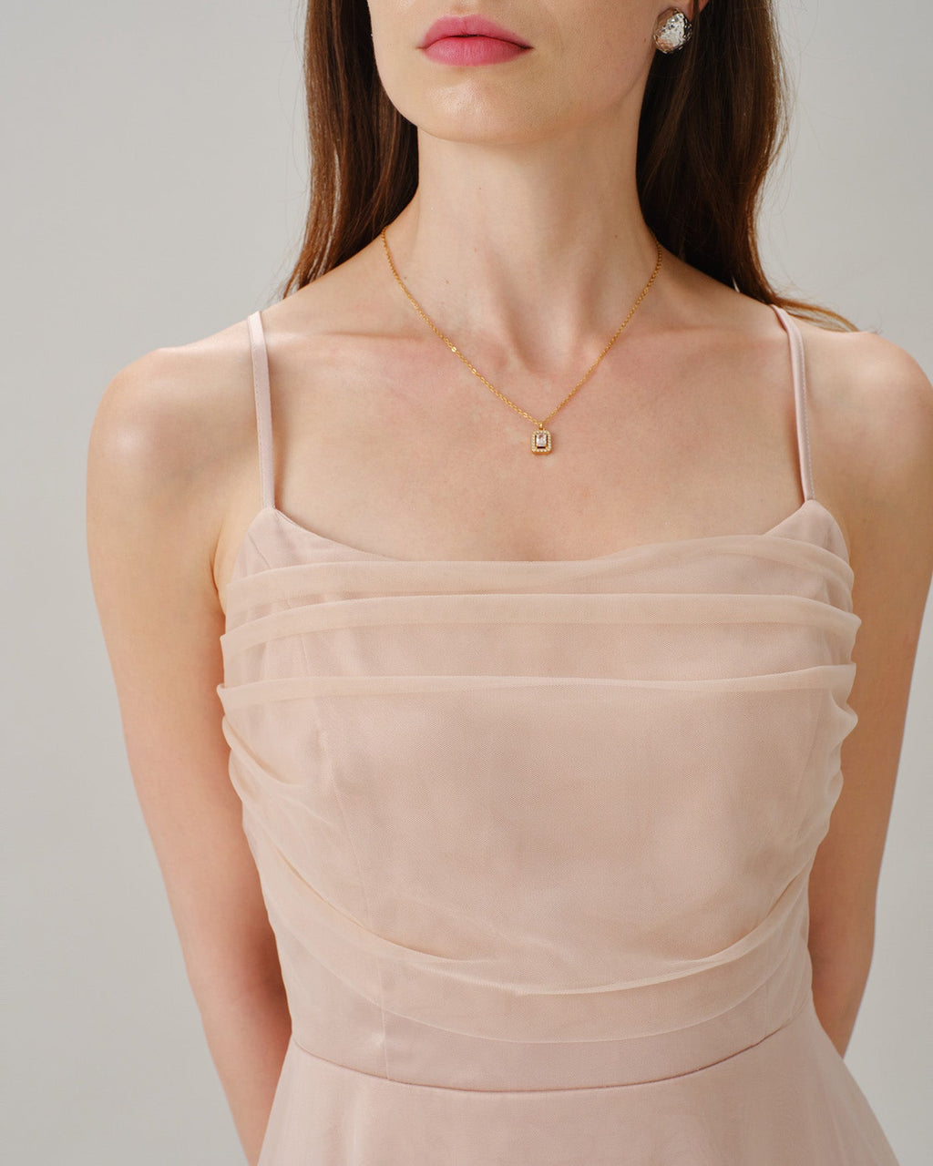 Pleated Tulle Midi Dress with Ruched Bodice and Tie Back - Apricot