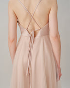 Pleated Tulle Midi Dress with Ruched Bodice and Tie Back - Apricot