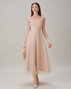 Pleated Tulle Midi Dress with Ruched Bodice and Tie Back - Apricot