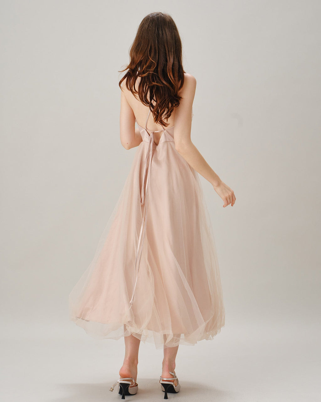 Pleated Tulle Midi Dress with Ruched Bodice and Tie Back - Apricot
