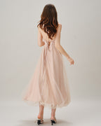 Pleated Tulle Midi Dress with Ruched Bodice and Tie Back - Apricot