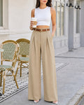 Pleated Wide Leg Trousers with Belt and Slant Pockets - Khaki