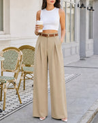 Pleated Wide Leg Trousers with Belt and Slant Pockets - Khaki