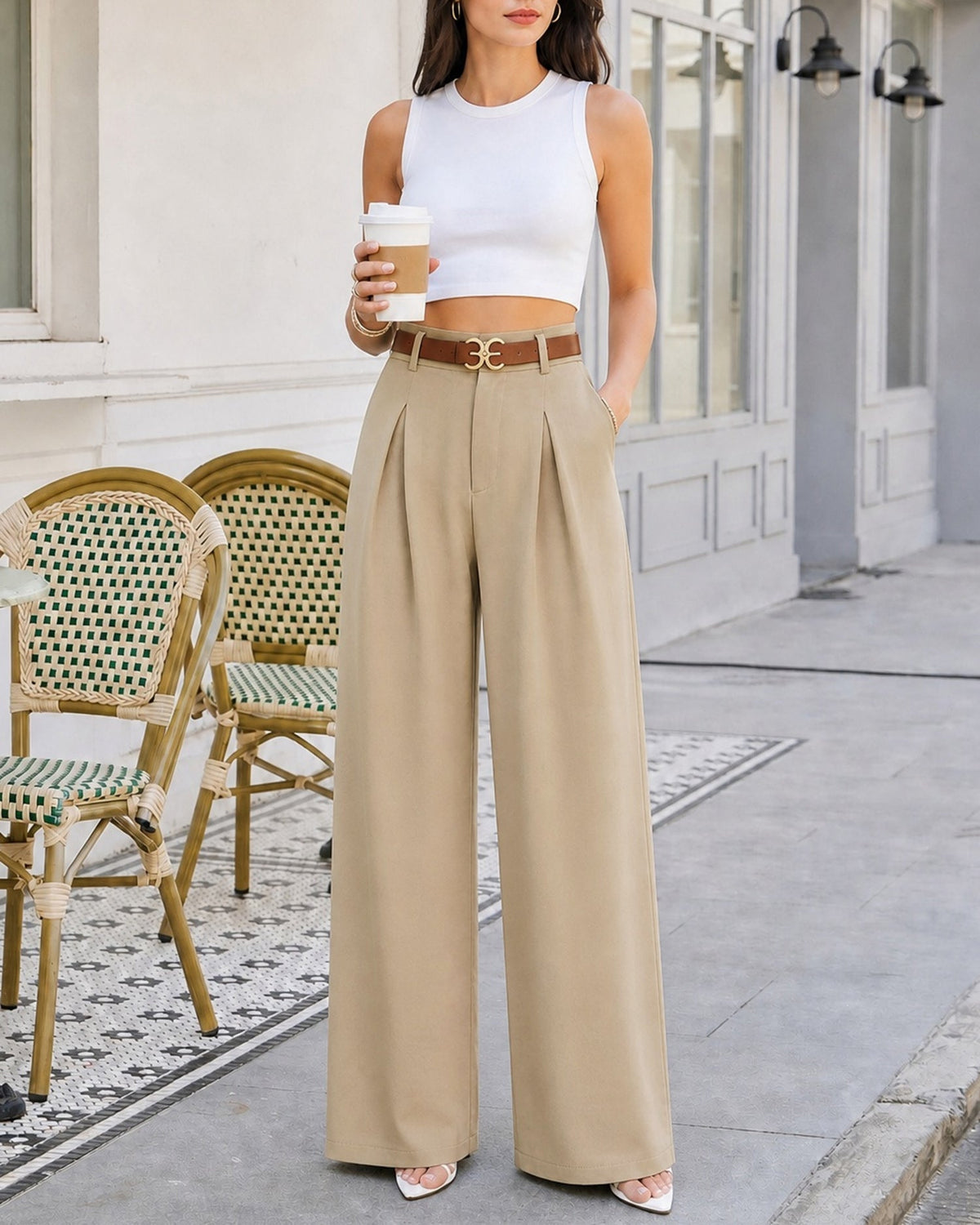 Pleated Wide Leg Trousers with Belt and Slant Pockets - Khaki
