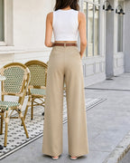 Pleated Wide Leg Trousers with Belt and Slant Pockets - Khaki