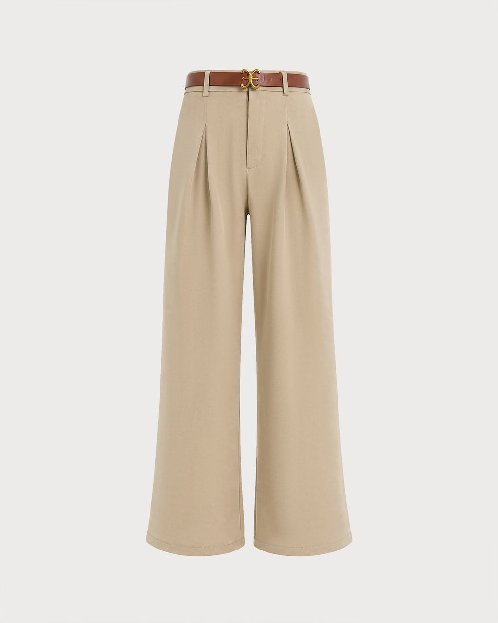 Pleated Wide Leg Trousers with Belt and Slant Pockets - Khaki