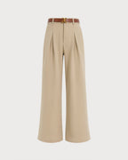 Pleated Wide Leg Trousers with Belt and Slant Pockets - Khaki