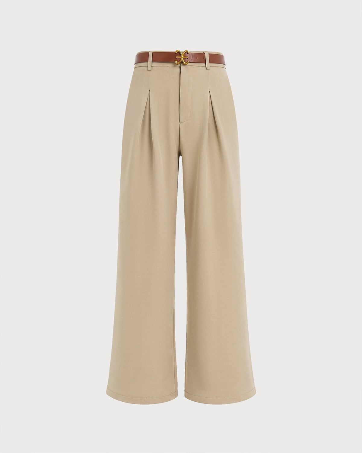 Pleated Wide Leg Trousers with Belt and Slant Pockets - Khaki