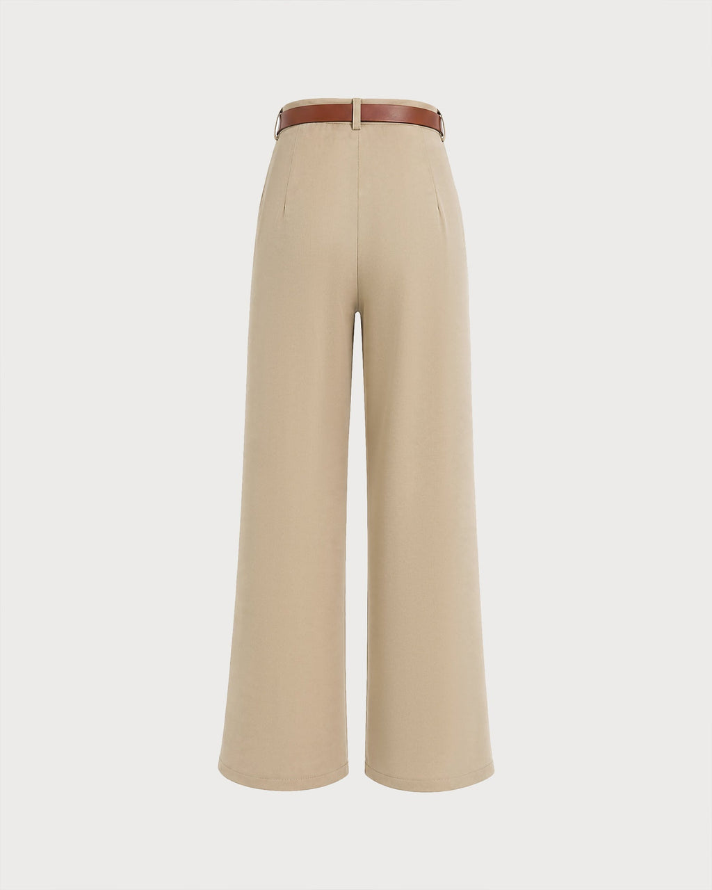 Pleated Wide Leg Trousers with Belt and Slant Pockets - Khaki