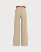 Pleated Wide Leg Trousers with Belt and Slant Pockets - Khaki