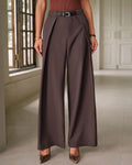 Pleated Wide Leg Trousers with Belt Loops and Deep Hem - Coffee
