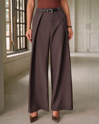 Pleated Wide Leg Trousers with Belt Loops and Deep Hem - Coffee