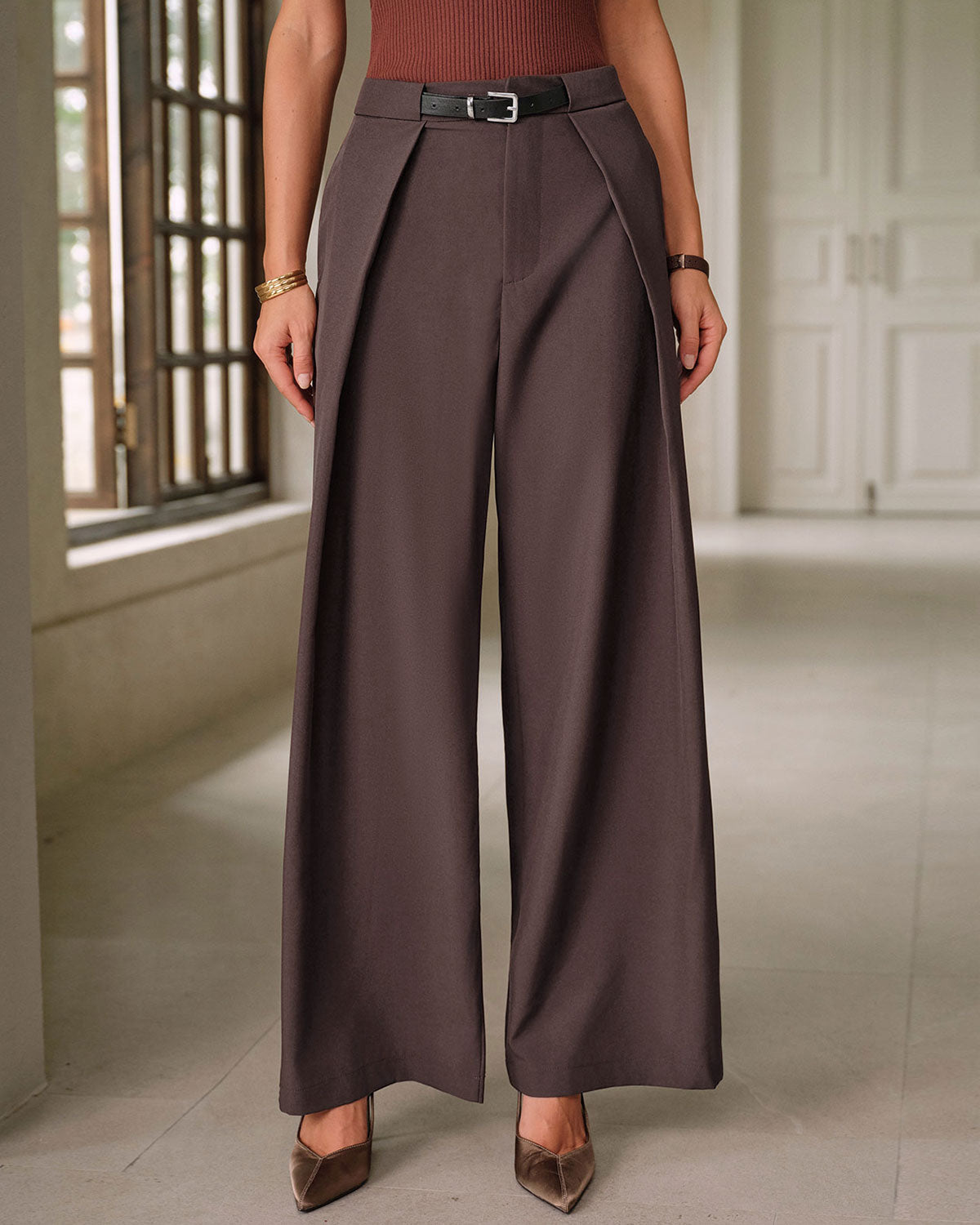 Pleated Wide Leg Trousers with Belt Loops and Deep Hem - Coffee