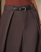 Pleated Wide Leg Trousers with Belt Loops and Deep Hem - Coffee