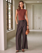 Pleated Wide Leg Trousers with Belt Loops and Deep Hem - Coffee